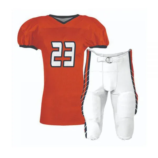 Orange and black football jersey with white integrated pants, custom American football uniforms, Wears For You, Sialkot Pakistan