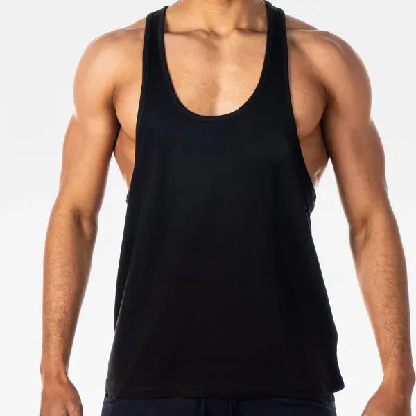 Plain black gym stringer vest with a deep armhole worn by a model, custom gym stringer vests, Wears For You, Sialkot Pakistan