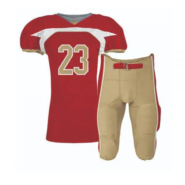 Red and gold football jersey with tan pants, custom American football uniforms, Wears For You, Sialkot Pakistan