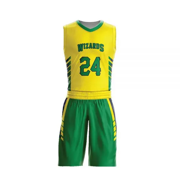 Green and yellow number 24 basketball jersey and shorts, custom basketball uniforms, Wears For You, Sialkot Pakistan