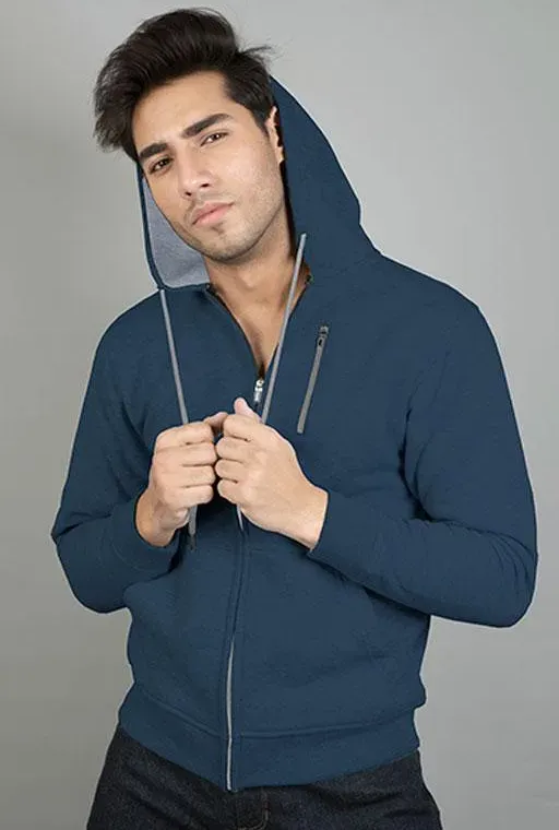 Teal zip-up hoodie worn by a model with the hood up, custom hoodie manufacturing, Wears For You, Sialkot Pakistan