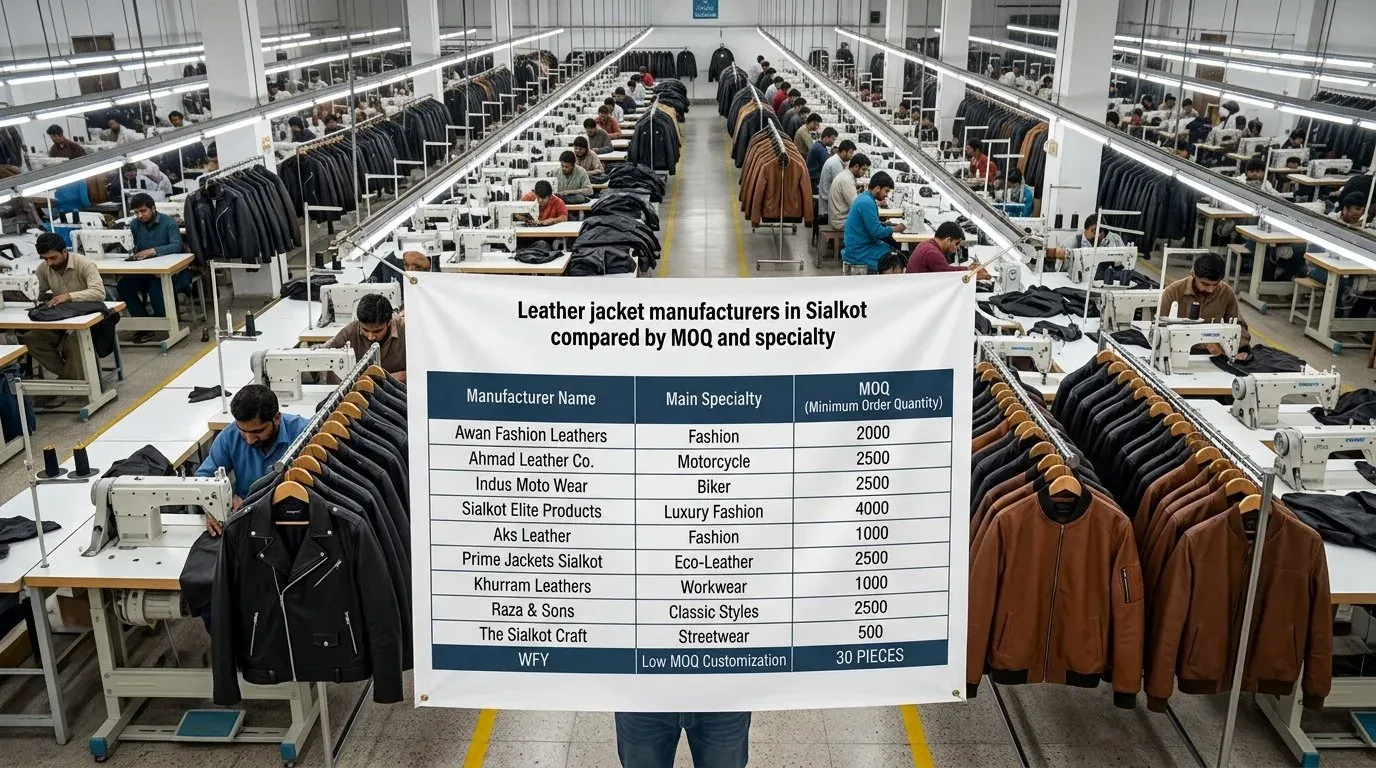 Leather jacket manufacturers in Sialkot compared by MOQ and specialty