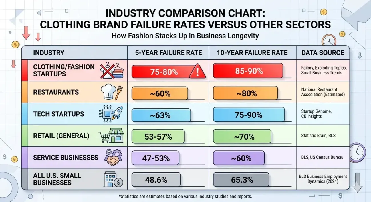 Industry comparison chart showing clothing brand failure rates versus restaurants, tech startups, and general small businesses