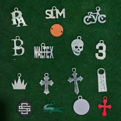 Set of custom cut metal charms, letters, crosses and logo tags, custom metal hardware, Wears For You, Sialkot Pakistan