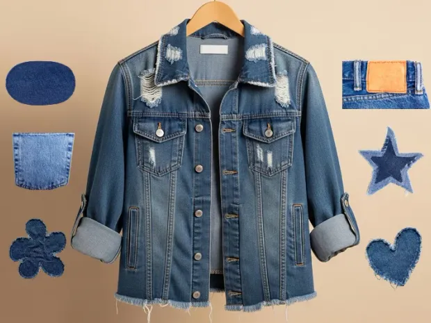 Custom distressed denim jacket with applied patches, distressed denim manufacturing, Wears For You, Sialkot Pakistan