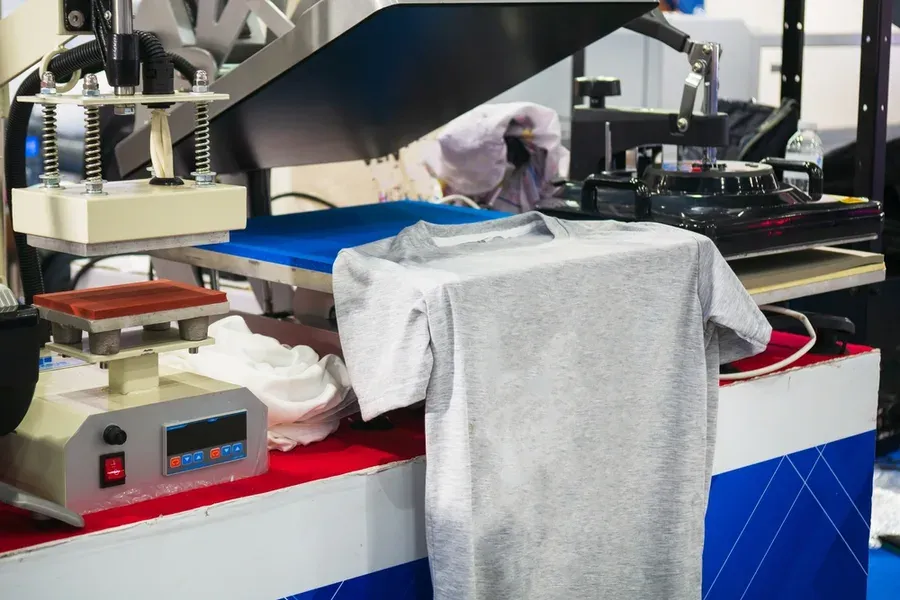 Heat press applying a print to a cut t-shirt panel, decoration stage documentation, Wears For You, Sialkot Pakistan