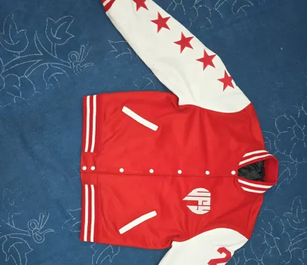 Custom red and white varsity jacket with embroidered logo, outerwear manufacturing, Wears For You, Sialkot Pakistan