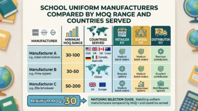 School uniform manufacturers compared by MOQ range and countries served
