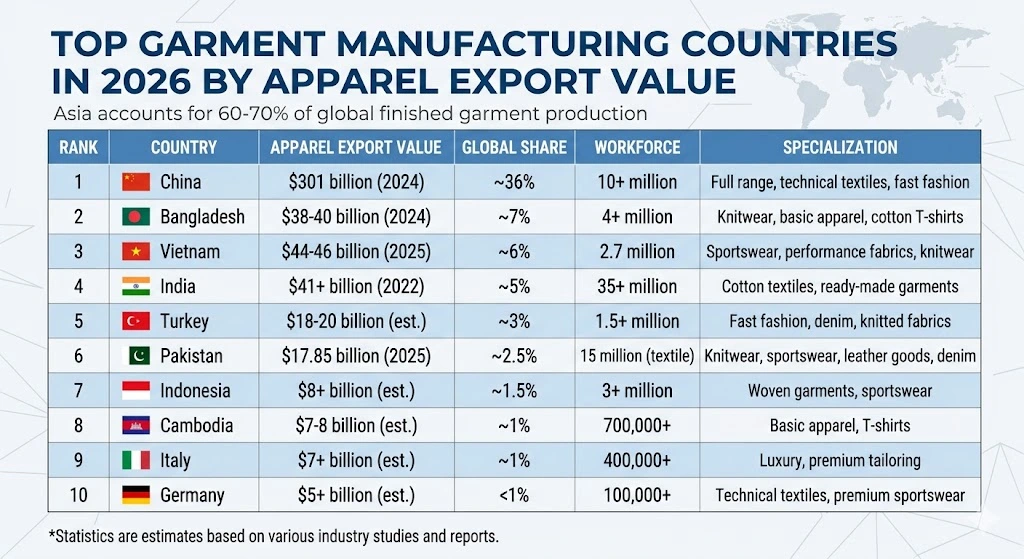 Top garment manufacturing countries in 2026 by apparel export value