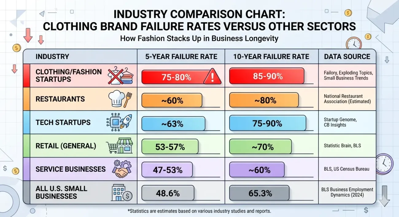 Industry comparison chart showing clothing brand failure rates versus restaurants, tech startups, and general small businesses