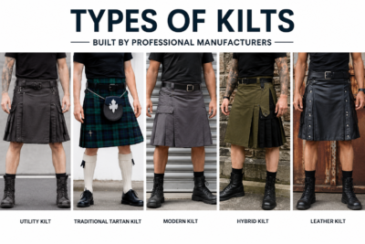 Types of kilts a manufacturer produces including utility tartan hybrid and leather styles