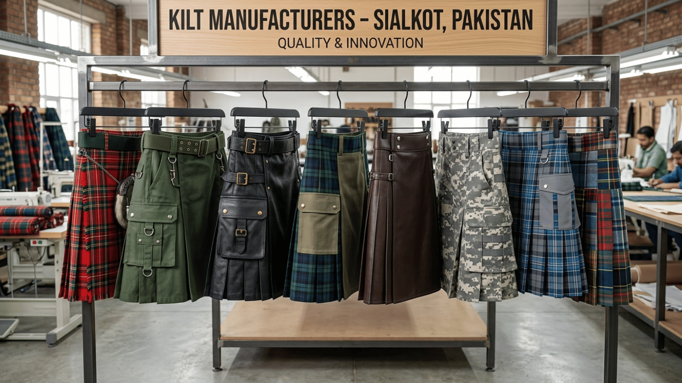 Kilt manufacturer in Sialkot Pakistan producing custom utility tartan and leather kilts