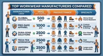 Top workwear manufacturers compared by MOQ product range and specialty